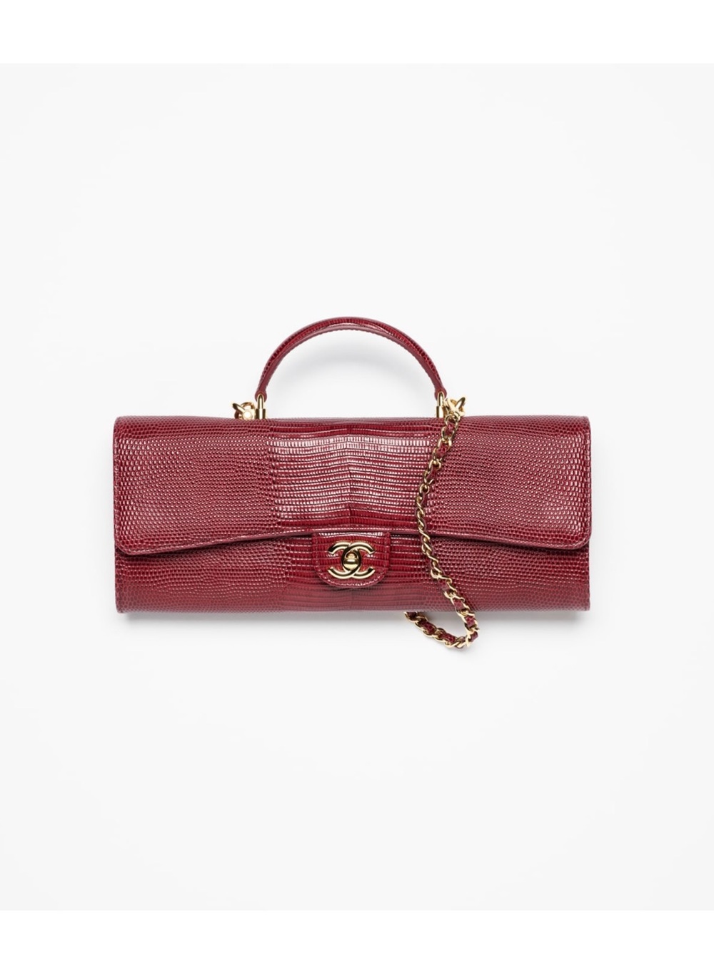 Chanel Dark Burgundy East West Top Handle Lizard Embossed Leather Clutch | NIB